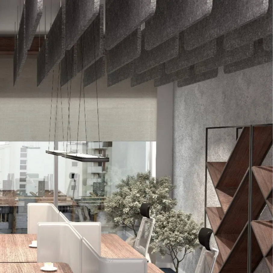 Felt Ceiling Acoustic Baffles - RECTANGLE ROUNDED grey in office interior Decormania UK